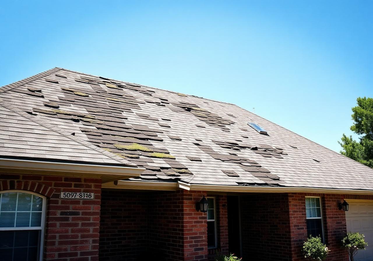 Hail-damaged asphalt shingle roof before replacement
