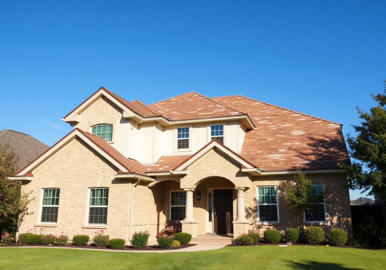 Worn brown shingle roof on a stone-and-stucco home before replacement