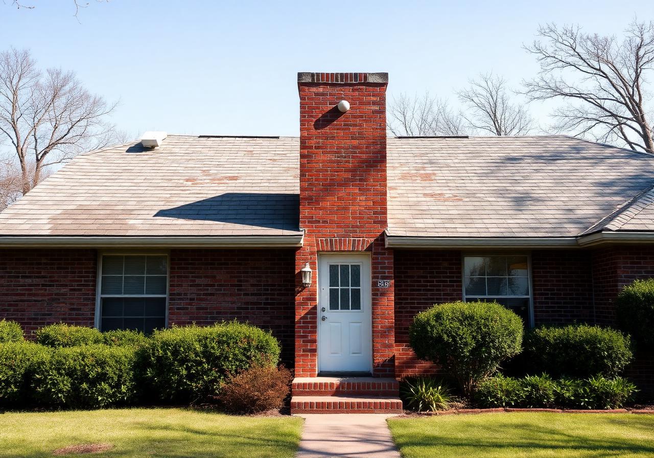 Faded three-tab shingle roof on a red-brick ranch home before replacement