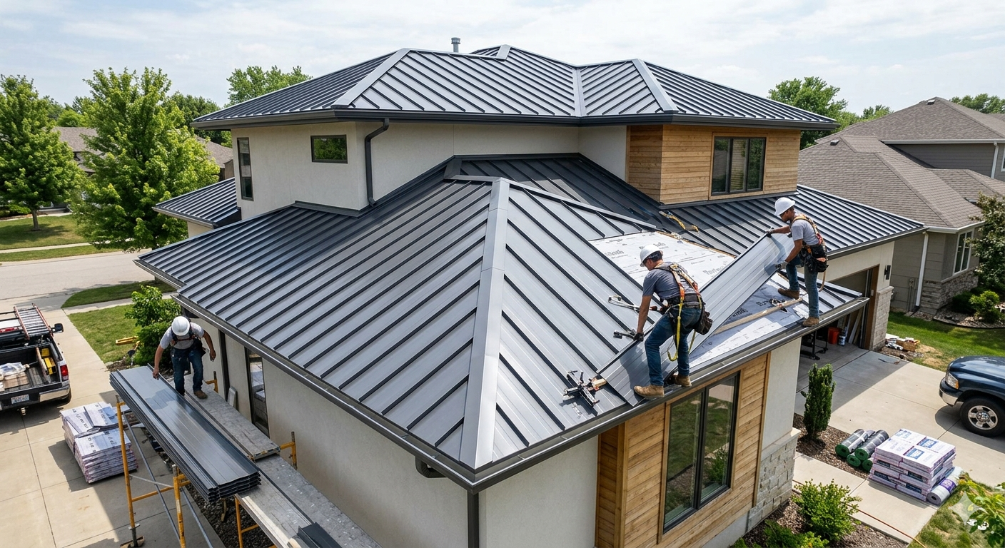 Close-up of standing seam metal roof panels